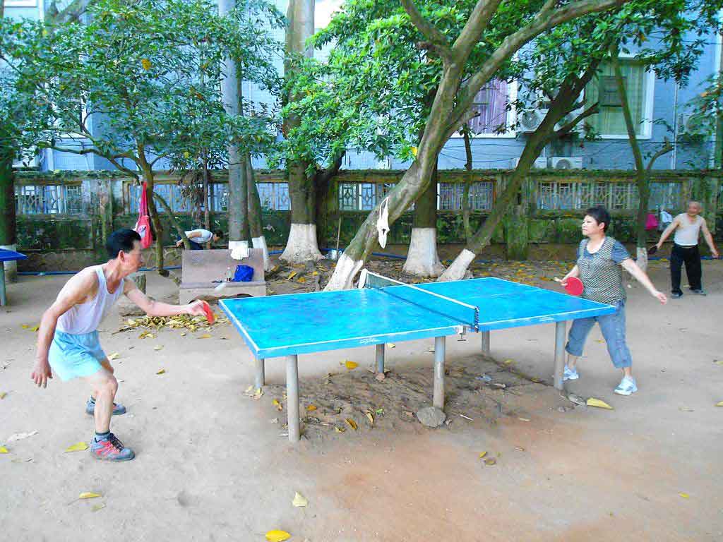 people playing ping pong in a park 